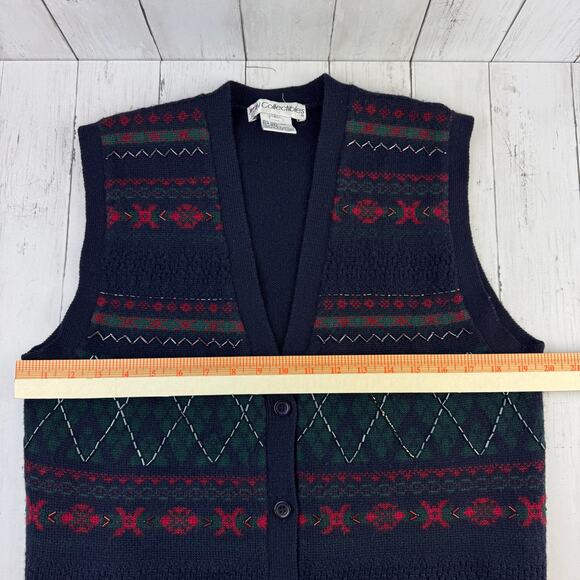 VTG JH Collectibles Blue Wool Fair Isle Beaded Button-Up Sweater Vest Size Large - Picture 11 of 13